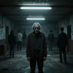 creepy old man standing in the backrooms, the eerie forlorn atmosphere of a place that's usually bustling with people but is now abandoned and quiet, buzzing fluorescent lights above the ceiling, unsettling images, liminal space, dark,