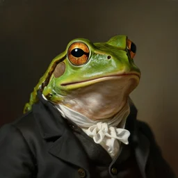 a head and shoulders portrait of an anthropomorphic frog!!!!!!!!!! wearing a suit looking off camera, a character portrait by john trumbull, american romanticism, soft focus