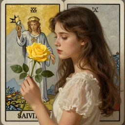 A side view painting of 15 years old young and beautiful giorno giovanna holding a branch of yellow rose, fantasy, detailed, cinematic, tarot card, highly detailed, golden ratio,8k