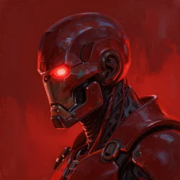 indirect profile portrait of a ultron, red glow, warframe, painting, trending on artstation