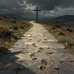 a trail of footprints on a stone path with a cross in the middle, style by jon foster, digital art illustration