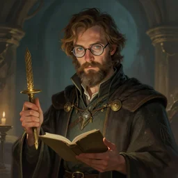 James Frain with goatee and glasses as an alchemist, fantasy concept art by J.Dickenson