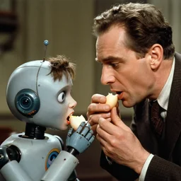 film still close - up from the remastered german expressionist film'the father'( 1 9 3 6 ) starring peter lorre as the scientist discovers his robot son eating eggs, photographed by fritz lang and f w murnau, beautiful expressionistic sets, remastered dramatic lighting hyperrealistic shocking detail trending on artstation 8 k