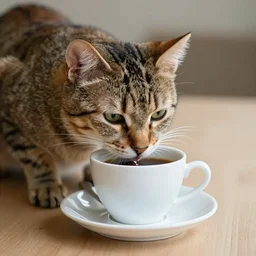 cat is drinking cup of coffee