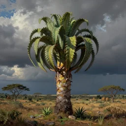 surreal painting of a carnibora plant in a beautiful landscape