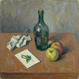 a painting by ben nicholson in the style of ivon hitchens, table still life with card