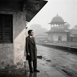 Slick photo of Shiv Kumar Batalvi standing outside a building on a day when it rained earlier slightly chilly weather mist in the background photo taken by Saul Leiter and Henri Cartier-Bresson