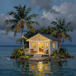 a very very small island! with a paved patio!!, cute cozy large cottage!! and string lights!!!, palm trees, dark very late evening cloudy, dramatic and dynamic lighting, thick brush strokes oil impasto painting