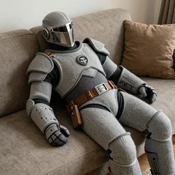 knitted power armor from fallout lies on the couch