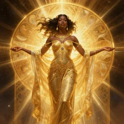 black african princess, warm volumetric lighting, cosmic, symmetric, highly detailed, elegant, concept art, heavenly, god rays, golden aura, intricate, sharp focus, illustration, alexandros pyromallis, bouguereau, rutkowski, artgerm, alphonse mucha