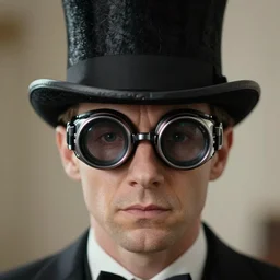 closeup portrait of gary seven wearing a top hat and goggles, depth of field, zeiss lens, detailed, symmetrical, centered, fashion photoshoot, by Annie Leibovitz and Steve McCurry, David Lazar, Jimmy Nelsson, Breathtaking, 8k resolution, extremely detailed, beautiful, establishing shot, artistic, hyperrealistic, beautiful face, octane render