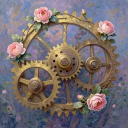 Mechanical gear,Rose twining,out of time and space,dreamy, eternity, romantic, epic, artstation, highly detailed, in the style of Monet
