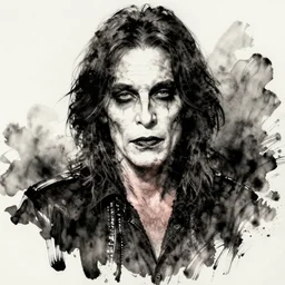 gaunt, harrowing, ghoulish ink wash portrait of aerosmith's steven tyler