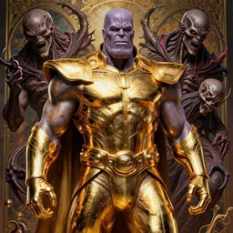 the platonic ideal of golden chrome of cletus kasady ultimate carnage thanos dementor doctor manhattan chtulu nazgul, detailed, intricate, hyperrealism, intense, scary, decay, dmt, art by brock hofer and artgerm and greg rutkowski and alphonse mucha