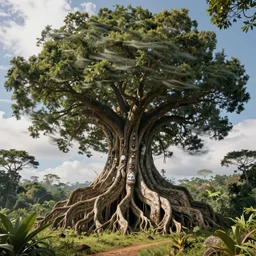 giant amazonian tree with big roots and strong winds at the top, surrealist, dmt, dmt, 5 meodmt, blissful landscape, mother ayahuasca, sacred, by christophe vacher
