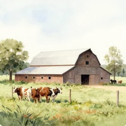 farmhouse with barn and cattle paddock by blanca alvarez, watercolor