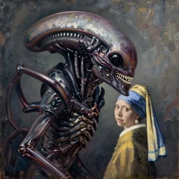 oil painting of a [ xenomorph ]!! with a pearl earring johannes vermeer trending on artstation intricate hd 4 k