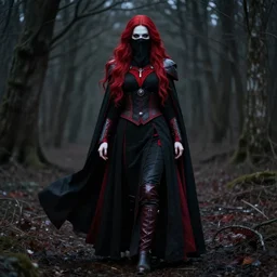 a beautiful female sith warrior with pale white skin and long flowing red hair, wearing black and red imperial uniform with cape and veiled face, outdoors in the forest in winter, dark shadowy gothic aesthetic, full body portrait, centered composition, detailed