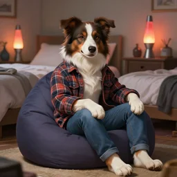 furry art of a anthropomorphic border collie fursona wearing a flannel shirt and jeans sitting on a beanbag chair in his bedroom, bed, desk, lava lamp, deep focus, highly detailed, digital painting, artstation, concept art, matte, sharp focus, illustration, art by artgerm and greg rutkowski and alphonse mucha