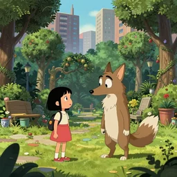 one magical quantum coyote speaks to one innocent black haired girl of impending apocalyse. backyard, city, manicured trees, intricate, detail, animation cinematic, matte sharp painting, artstation, carles dalmau, minna sundberg, xiaofan zhang, kuvshinov ilya, nettie wakefield, monica langlois, tom richmond,