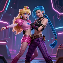 Princess peach mixed with jinx from league of legends, dancing, background with neon lighting, raytrayced, octane render, epic composition, intricate details, hyperrealist, by Joe Benitez, WLOP, Alessandro Barbucci, Barbara Canepa