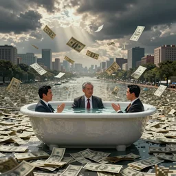 businessmen bathing in money glitchy corrupt pixelated image jpeg