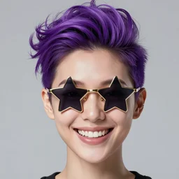 grinning woman with a purple pompadour and star - shaped sunglasses. highly detailed realistic digital art. character design.