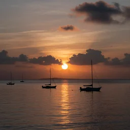 sunset on caraibes, some boats, a few birds in the sky, sharp focus, illustration, paisible night lighting, incredible art by artgerm and greg rutkowski and alphonse mucha and simon stalenhag
