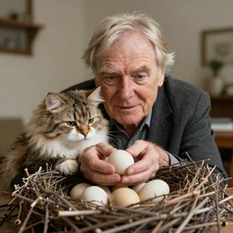 david attenborough hiding in a nest made of sticks. holding eggs. An exotic shorthair cat guarding it's eggs. documentary,  fluffy cat, national geographic, odd, depth of field, photorealistic