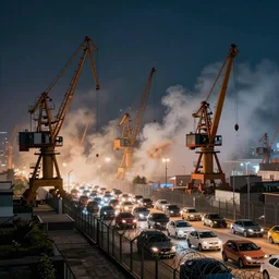 queues of automobiles contained by barbwire fencing , huge machine cranes ,feedback loop , burst of powders ,volumetric lighting, twisting vapour, bellowing dust , emerging seascape and beautiful nighttime , full colour , upscale , 4k