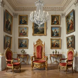8 k highly detailed oil matte painting by charles landelle of an art gallery wall with many oil paintings, decadent throne room, ornate furniture, ornate french architecture, futuristic chandeliers