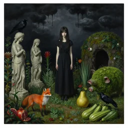 realistic painting of a witches garden, black dripping sky, tall emo girl, stone sculptures, a fox, a pear, dark clouds, topiary pigs, dark caves, pomegranate, bromeliads, herbs, raven, courgettes, berries, zen, sensual, surrealist painting by magritte and monet and rousseau