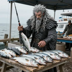 sauron sells fish at fish marker, realistic photo