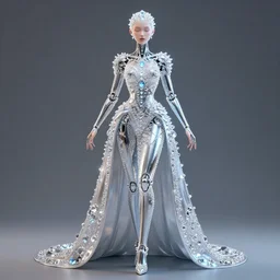 full body detailed, ethereal chrome dress, biomechanical, covered in diamonds and other items glowing, highly detailed face, elegant posed, intricate, extremy detailed, beeple, cgsociety, 3 d unreal engine octane render. cinematic lighting, highly detailed