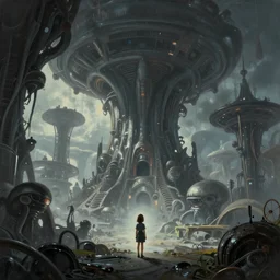 beautiful low angle painting of ab alien world with unknown structures and technolog, a tiny girl watching on, moody atmosphere, epic composition, dramatic lighting, trending on artstation, octane render, by robert zemeckis