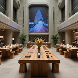 (2050s Microsoft art nouveau brutalist luxurious Star Trek 2021 retail interior. Mobile phones. large oak tables, empty stools, fragrant plants, large digital screens) muted palette, architectural photography, wide shot, XF IQ4, 14mm, f/1.4, ISO 200, 1/160s, 8K, RAW, unedited, symmetrical balance