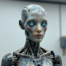photo taken of an epic intricate, ultra detailed, super realistic gritty, wet, lifelike sculpture of an female humanoid android creature with bioluminescent patches of skin and pupils, created by weta workshop, zoomed in shots, subsurface scattering, photorealistic, sharp focus, white wall coloured workshop, cold colour temperature, f 0. 4, face centred, golden ratio,