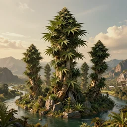 realistic giant cannabis monster trees, mountains, river, landscape, photo, concept art, universe in the sky, cinematic lighting, 4k, wide angle, warm tones, Earth,