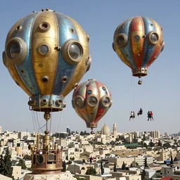 large colorful futuristic space age metallic steampunk balloons with pipework and electrical wiring around the outside, and people on rope swings underneath, flying high over the beautiful jerusalem city landscape, professional photography, 8 0 mm telephoto lens, realistic, detailed, photorealistic, photojournalism