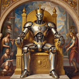 beautifully painted mural of a mechanical cyborg king in ornate royal metallic fabric sitting in his royal throne room, piercing glowing eyes, sci fi scenery, fantasy setting, vogue cover poses, mural in the style of sandro botticelli, caravaggio, albrecth durer