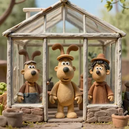 people made of plastic and clay exterior greenhouse, wallace and gromit, 3 d, portrait face, dappled light, in the style of matt murphy, jeremy enecio, james jean, miles johnston, cynical realism, john william godward, yoshitaka amano, miles johnston, louise zhang, enes dirig, pekka halonen, finnish naturalism, realism