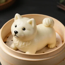 a delicious steamed bun in the shape of a shiba inu. studio lighting, high resolution, high quality, dark background
