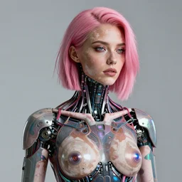 portrait of a beautiful woman with vitiligo with pink hair as a cyberpunk cyborg half robot, vitiligo, revealing wires and electronics, hooked - up, sci - fi, missing panels, intricate abstract upper body intricate artwork, concept art, octane render, deviantart, cinematic, key art, hyperrealism, iridescent accents, portrait photograph, nikon 3 5 mm, photograph by greg rutkowski