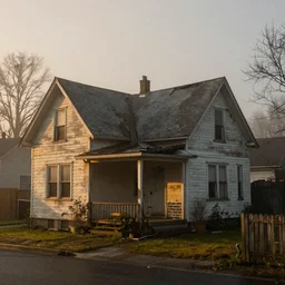 creepy view into cul-de-sac dilapidated houses, fog, rain, volumetric lighting, beautiful, golden hour, sharp focus, highly detailed, cgsociety
