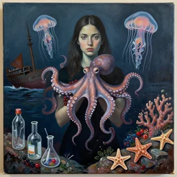 a dark portrait of female art student holding an octopus, jellyfish, shipwreck, berries, trash, starfish, coral, rocks, intertidal zone, empty pet bottles, scientific glassware, neo - expressionism, surrealism, acrylic and spray paint and oilstick on canvas