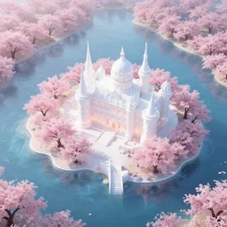 magic palace, sakura island, paradise, white, pink, luminous water, sakura, magic, realism, redshift rendering, 3 d, super detail, lifelike, 8 k, masterpiece, functional art station, top view, panorama, super wide angle