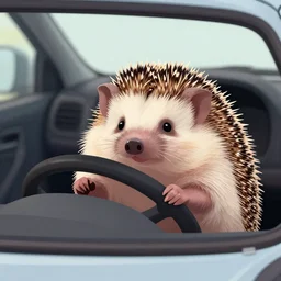 a hedgehog in a car at the steering wheel