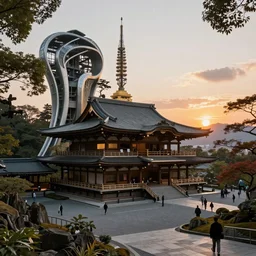 a futuristic Japanese forest temple designed by syd mead and zaha hadid, sunset photo shoot