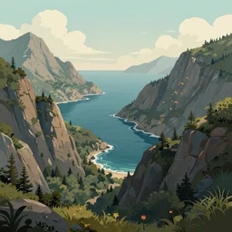 a realm between the mountains and the sea, illustration, digital art by laura price
