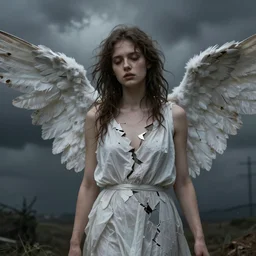 portrait of a broken angel, lost , stormy background, highly detailed, hyper realistic